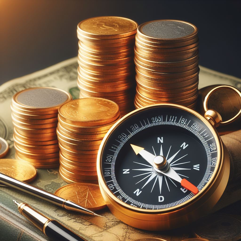 Image: A compass pointing towards a stack of golden coins, symbolizing the search for hidden treasures in the stock market.